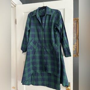 Green and Blue Plaid Long Shirt Dress